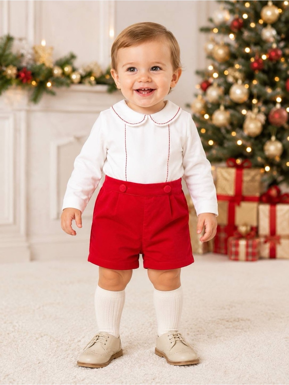 Edgehill Collection Shirt Shorts Set Kids Red White Velvet Size 18M NWT